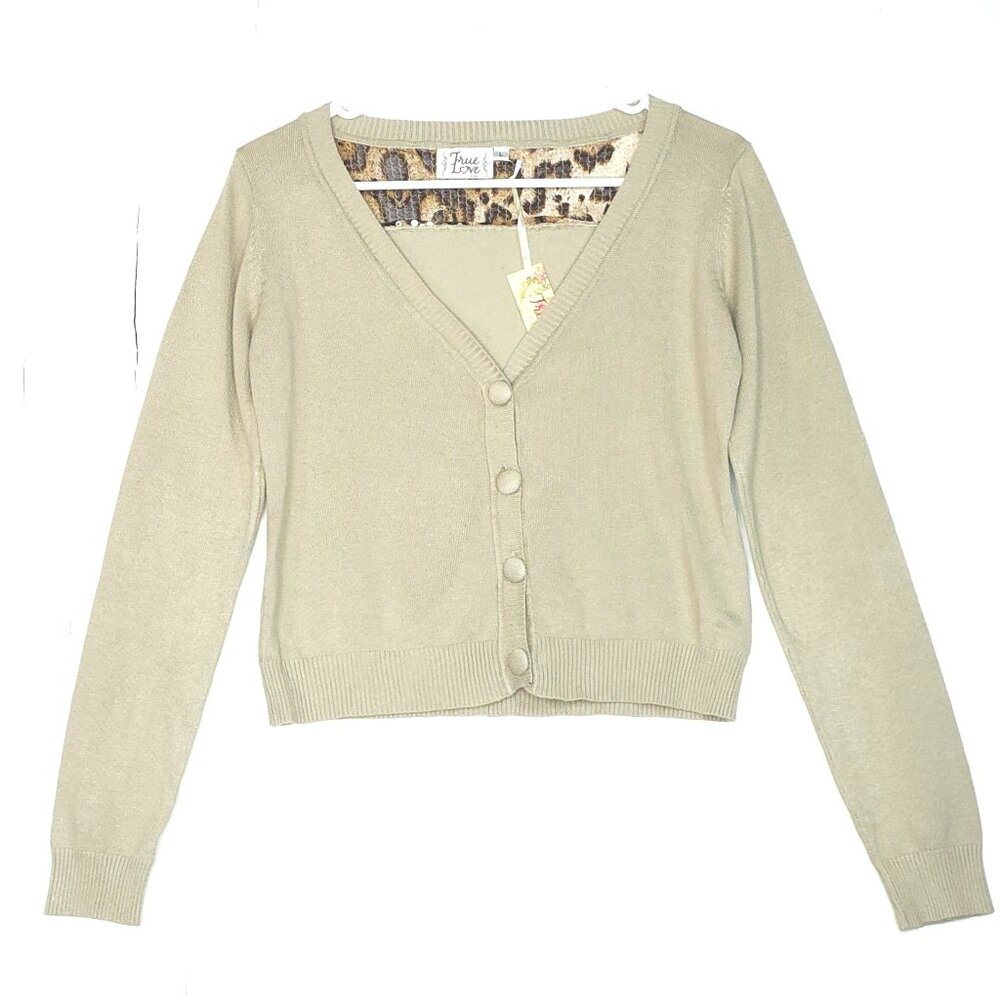 True Love Tan Cropped V-Neck Cardigan L Leopard Print & Elbow Patches